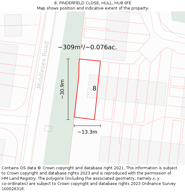 8, PINDERFIELD CLOSE, HULL, HU8 0FE: Plot and title map