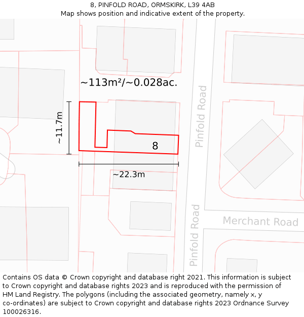 8, PINFOLD ROAD, ORMSKIRK, L39 4AB: Plot and title map