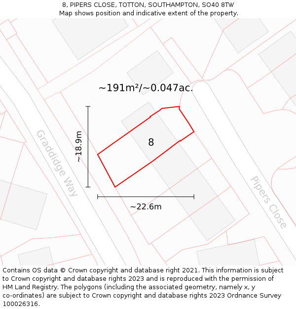 8, PIPERS CLOSE, TOTTON, SOUTHAMPTON, SO40 8TW: Plot and title map