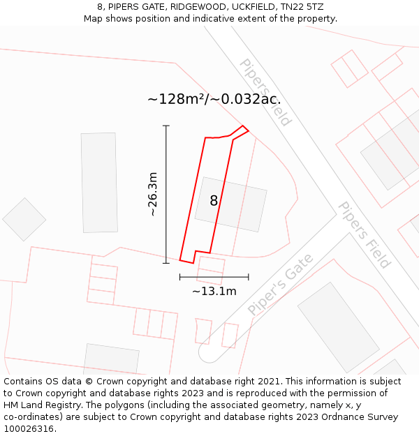 8, PIPERS GATE, RIDGEWOOD, UCKFIELD, TN22 5TZ: Plot and title map