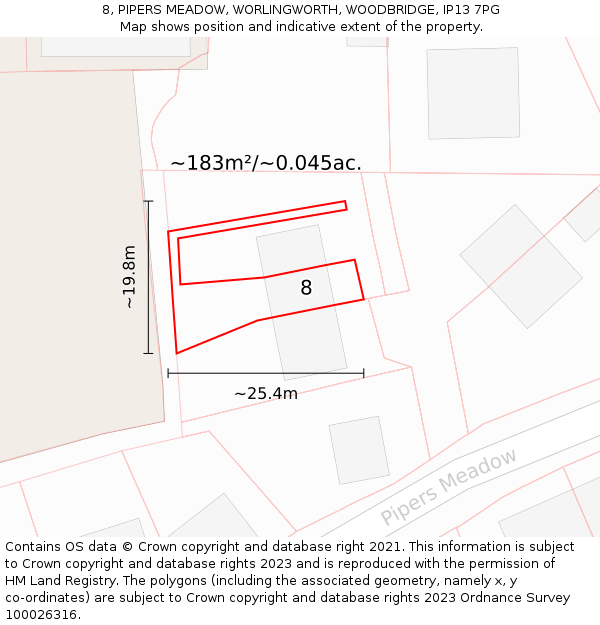 8, PIPERS MEADOW, WORLINGWORTH, WOODBRIDGE, IP13 7PG: Plot and title map