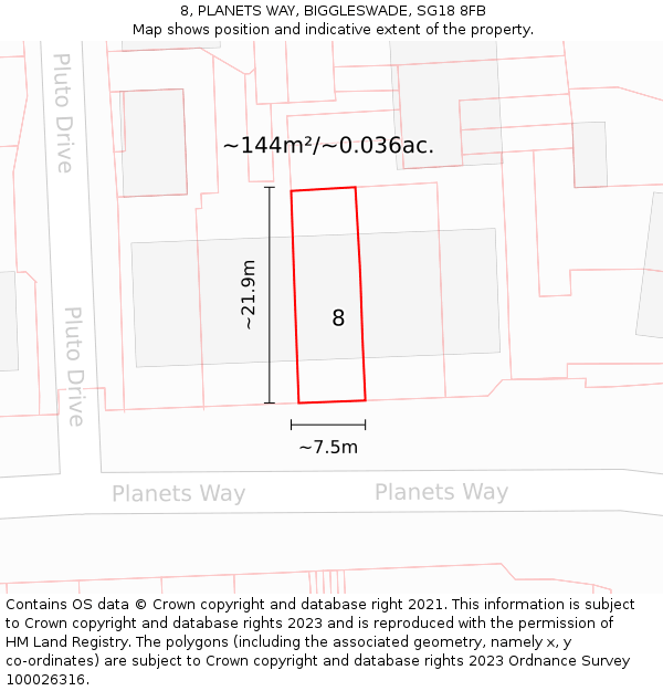 8, PLANETS WAY, BIGGLESWADE, SG18 8FB: Plot and title map