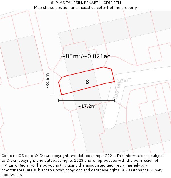 8, PLAS TALIESIN, PENARTH, CF64 1TN: Plot and title map