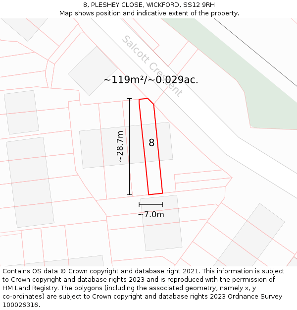 8, PLESHEY CLOSE, WICKFORD, SS12 9RH: Plot and title map