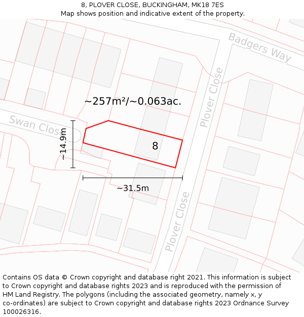 8, PLOVER CLOSE, BUCKINGHAM, MK18 7ES: Plot and title map