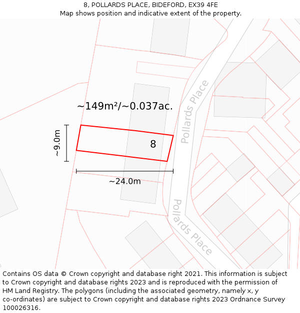8, POLLARDS PLACE, BIDEFORD, EX39 4FE: Plot and title map