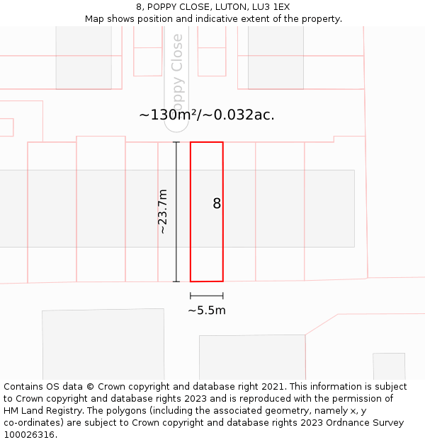8, POPPY CLOSE, LUTON, LU3 1EX: Plot and title map