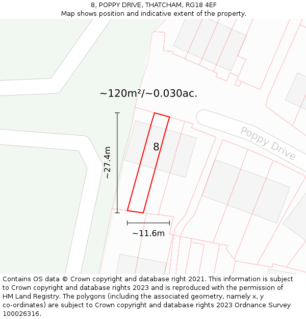 8, POPPY DRIVE, THATCHAM, RG18 4EF: Plot and title map