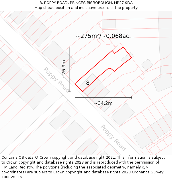 8, POPPY ROAD, PRINCES RISBOROUGH, HP27 9DA: Plot and title map
