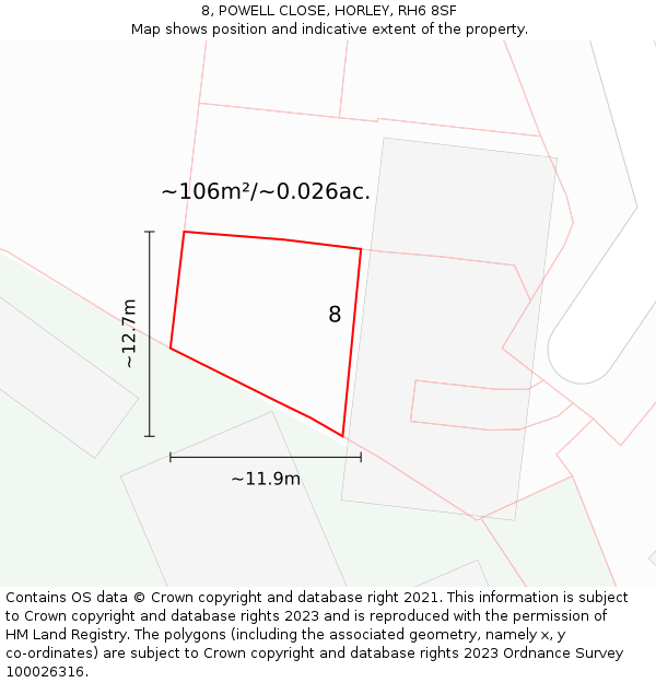 8, POWELL CLOSE, HORLEY, RH6 8SF: Plot and title map