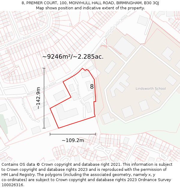 8, PREMIER COURT, 100, MONYHULL HALL ROAD, BIRMINGHAM, B30 3QJ: Plot and title map