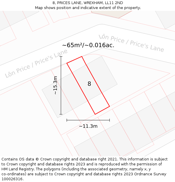 8, PRICES LANE, WREXHAM, LL11 2ND: Plot and title map