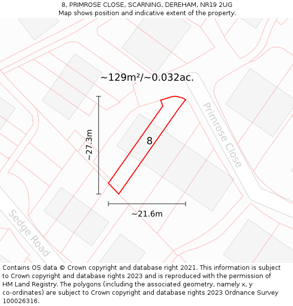 8, PRIMROSE CLOSE, SCARNING, DEREHAM, NR19 2UG: Plot and title map