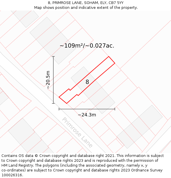 8, PRIMROSE LANE, SOHAM, ELY, CB7 5YY: Plot and title map