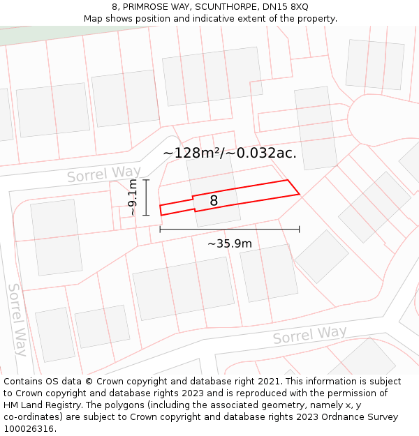 8, PRIMROSE WAY, SCUNTHORPE, DN15 8XQ: Plot and title map