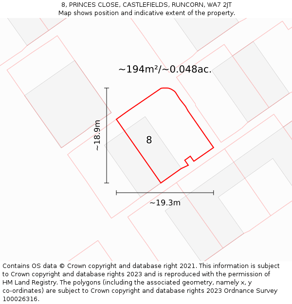 8, PRINCES CLOSE, CASTLEFIELDS, RUNCORN, WA7 2JT: Plot and title map