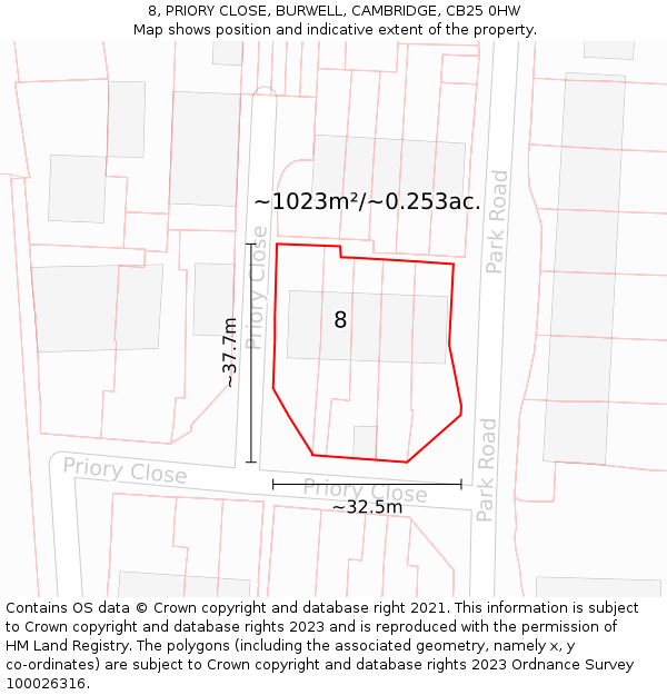 8, PRIORY CLOSE, BURWELL, CAMBRIDGE, CB25 0HW: Plot and title map