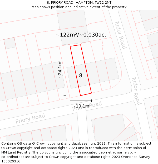 8, PRIORY ROAD, HAMPTON, TW12 2NT: Plot and title map