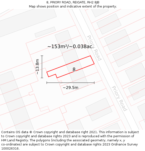 8, PRIORY ROAD, REIGATE, RH2 8JB: Plot and title map