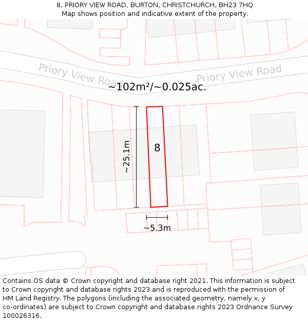 8, PRIORY VIEW ROAD, BURTON, CHRISTCHURCH, BH23 7HQ: Plot and title map