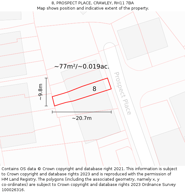 8, PROSPECT PLACE, CRAWLEY, RH11 7BA: Plot and title map