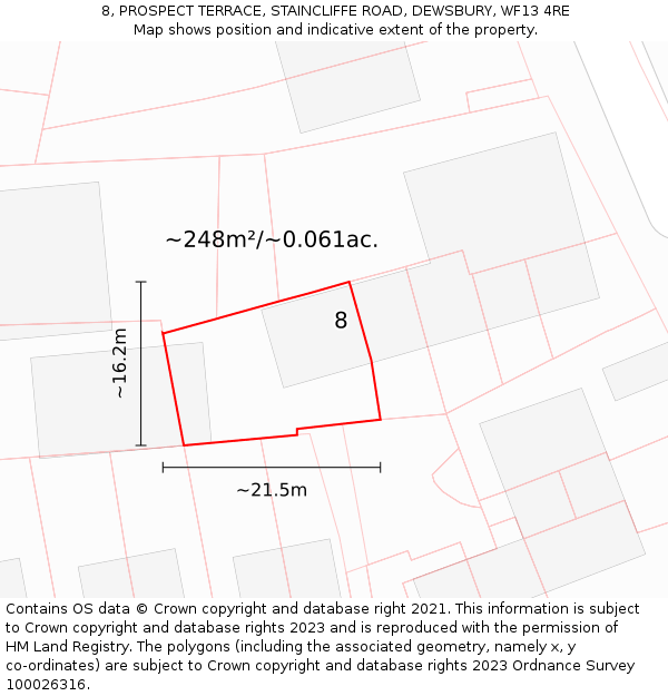 8, PROSPECT TERRACE, STAINCLIFFE ROAD, DEWSBURY, WF13 4RE: Plot and title map