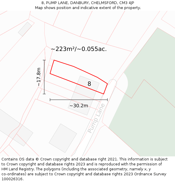 8, PUMP LANE, DANBURY, CHELMSFORD, CM3 4JP: Plot and title map