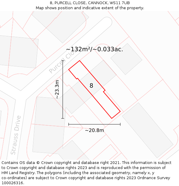 8, PURCELL CLOSE, CANNOCK, WS11 7UB: Plot and title map