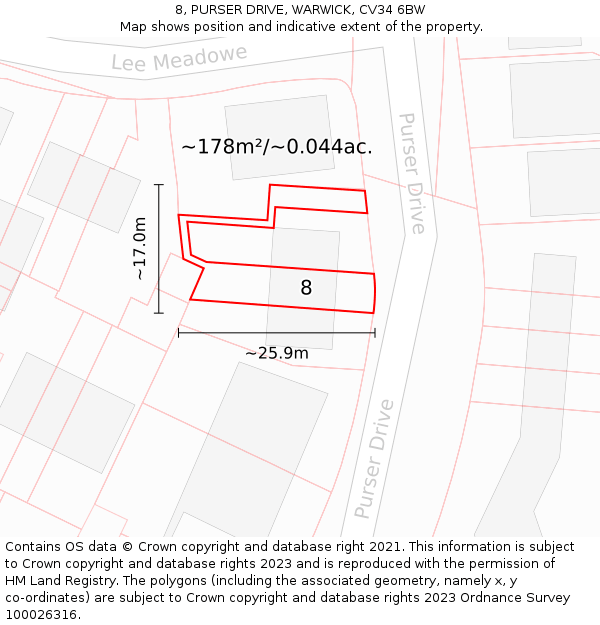 8, PURSER DRIVE, WARWICK, CV34 6BW: Plot and title map