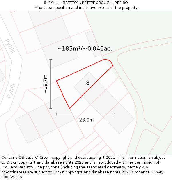 8, PYHILL, BRETTON, PETERBOROUGH, PE3 8QJ: Plot and title map