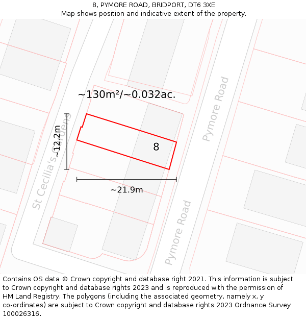 8, PYMORE ROAD, BRIDPORT, DT6 3XE: Plot and title map
