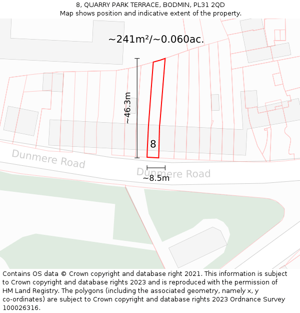 8, QUARRY PARK TERRACE, BODMIN, PL31 2QD: Plot and title map