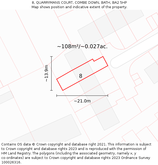8, QUARRYMANS COURT, COMBE DOWN, BATH, BA2 5HP: Plot and title map