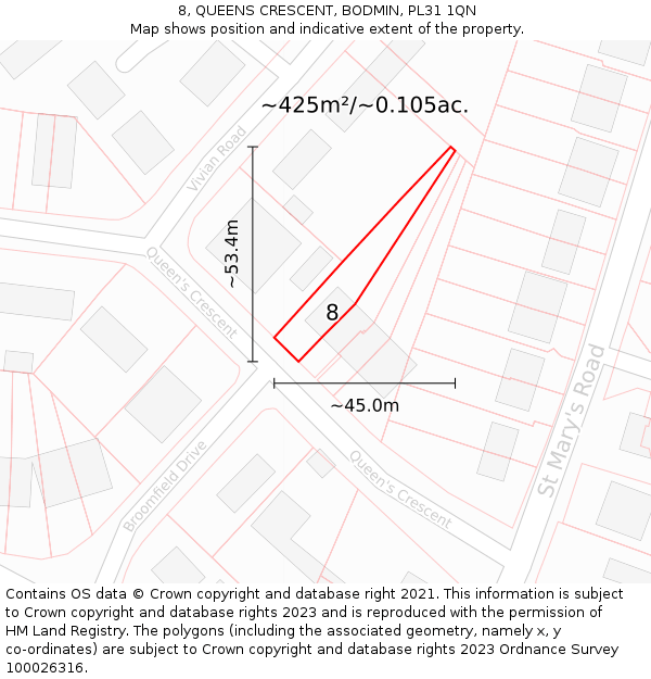 8, QUEENS CRESCENT, BODMIN, PL31 1QN: Plot and title map