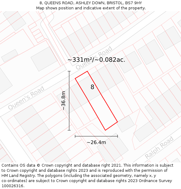 8, QUEENS ROAD, ASHLEY DOWN, BRISTOL, BS7 9HY: Plot and title map