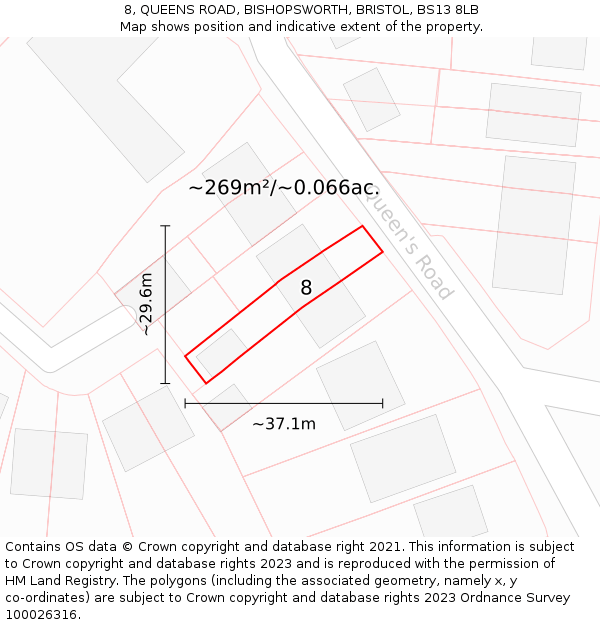 8, QUEENS ROAD, BISHOPSWORTH, BRISTOL, BS13 8LB: Plot and title map