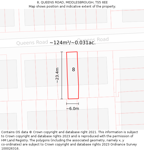 8, QUEENS ROAD, MIDDLESBROUGH, TS5 6EE: Plot and title map