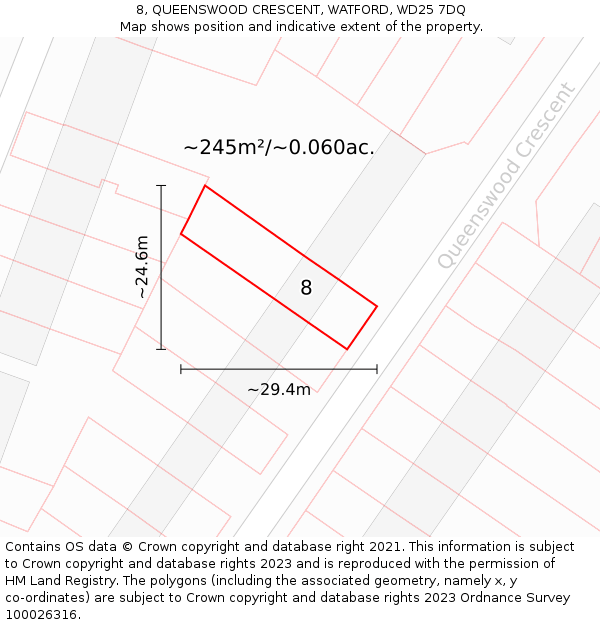 8, QUEENSWOOD CRESCENT, WATFORD, WD25 7DQ: Plot and title map