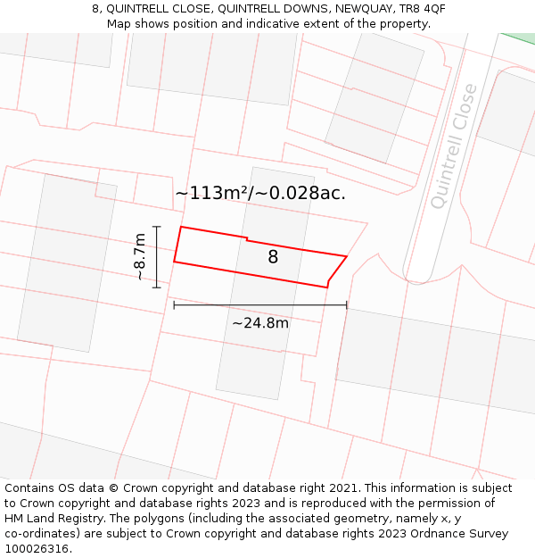8, QUINTRELL CLOSE, QUINTRELL DOWNS, NEWQUAY, TR8 4QF: Plot and title map
