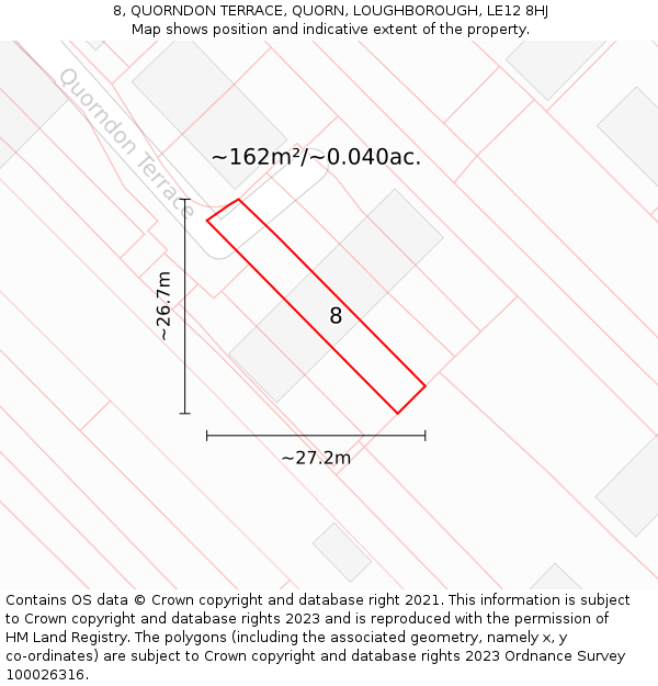 8, QUORNDON TERRACE, QUORN, LOUGHBOROUGH, LE12 8HJ: Plot and title map