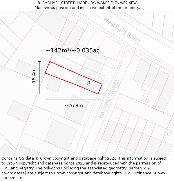 8, RACHAEL STREET, HORBURY, WAKEFIELD, WF4 6EW: Plot and title map