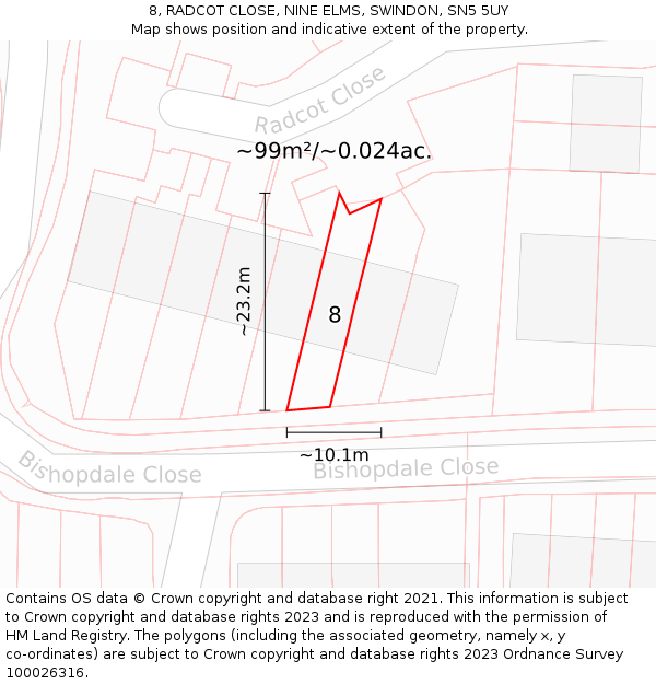 8, RADCOT CLOSE, NINE ELMS, SWINDON, SN5 5UY: Plot and title map