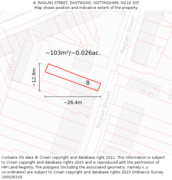8, RAGLAN STREET, EASTWOOD, NOTTINGHAM, NG16 3GT: Plot and title map