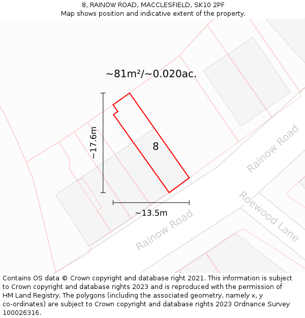 8, RAINOW ROAD, MACCLESFIELD, SK10 2PF: Plot and title map