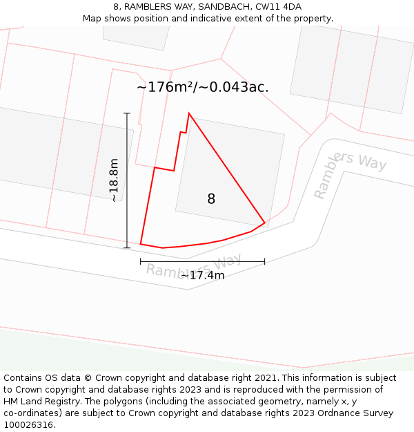 8, RAMBLERS WAY, SANDBACH, CW11 4DA: Plot and title map