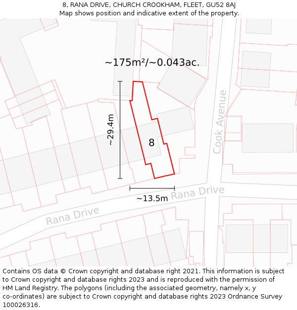 8, RANA DRIVE, CHURCH CROOKHAM, FLEET, GU52 8AJ: Plot and title map
