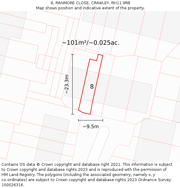 8, RANMORE CLOSE, CRAWLEY, RH11 9RB: Plot and title map