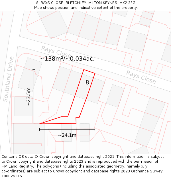 8, RAYS CLOSE, BLETCHLEY, MILTON KEYNES, MK2 3FG: Plot and title map