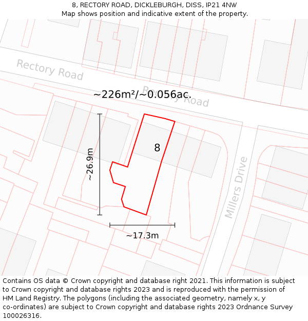 8, RECTORY ROAD, DICKLEBURGH, DISS, IP21 4NW: Plot and title map