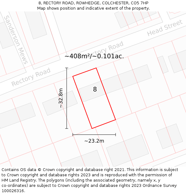 8, RECTORY ROAD, ROWHEDGE, COLCHESTER, CO5 7HP: Plot and title map